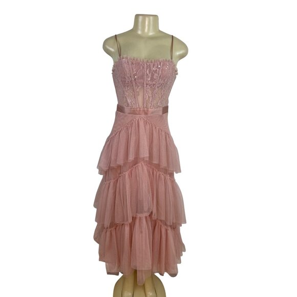 City Studio Pink Lace & Tulle Tiered Midi Dress With Spaghetti Straps Size 3 - Picture 1 of 8